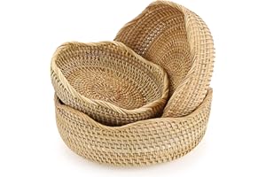 Sumnacon Set di 3 cestini rotondi in rattan intrecciato per frutta, pane, snack, tavolo, scrivania, piano di lavoro, cestini portaoggetti decorativi (bordo ondulato)