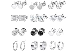 Kakonia 12Pairs Mens Earrings Stainless Steel Earrings For Men CZ Stud Earring Tiny Ball Stud Earrings Black Cartilage Earrings Endless Hoop Men's Earrings