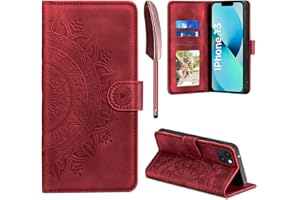 EASDNB Lederhülle für iPhone 13, Flip Wallet PU Leder Case [Kartenfach] [Magnet] [Ständer] Prägung Klapphülle Schutzhülle für iPhone 13 6.1 Zoll, Rot