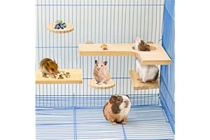 Nizirioo Juego de 5 accesorios para hámster, juguetes de madera, plataforma de madera natural, tabla de asiento para pájaros, juguetes para manualidades, jaula, accesorios para hámster, cobayas,
