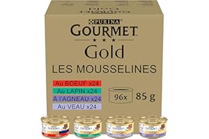 GOURMET Gold Mousse, Comida Húmeda para Gato Adulto, Mousse, Surtido de Buey, Conejo, Cordero y Ternera, 96 latas