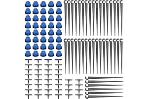 VooGenzek 120 Pièces 4/7mm Kit D'irrigation de Goutte Automatique, 40 Goutteur Irrigation Réglable + 40 Tee-Joint de Tuyau + 40 Piquet de Support pour Tube D'égouttement 4/7mm, pour Jardin, Bleu