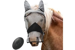 valuents Fliegenmaske für Pferde in grau – Fliegenhaube – Nüsternschutz – UV Schutz – in 4 Größen für Pony +Plus: Pferdebürste