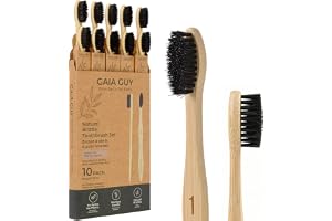 Gaia Guy hästhår bambu tandborstar – 10-pack naturliga borst tandborstset, plastfri och nylonfri, numrerade bambuhandtag, medium mjuk hästhår borst för vuxna och familjer