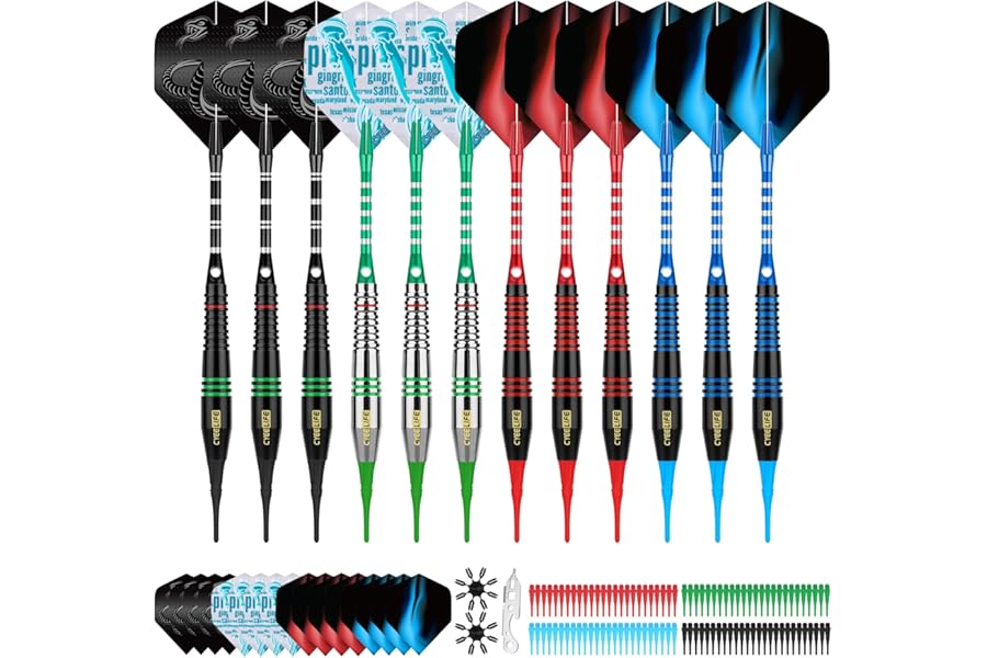 CyeeLife Darts Plastic Tip - Soft Tip Darts Set - 12 Pcs 18 Gram with 4 Colors Premium Aluminum Shafts, 100 Extra Dart Tips 16pcs Flights and 2pcs Flight Protectors for Electronic Dart Board