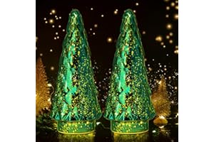 MJ PREMIER Glas Weihnachtsbaum, 2er Set Mini Weihnachtsbaum mit LED Batteriebetrieben Tischleuchte & Timer, Glas Künstlicher Tannenbaum, Weihnachtsdeko Weihnachts Desktop Dekoration (Grün)