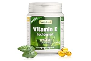 ‎GREENFOOD Vitamin E, hochdosiert, 400iE - 120 Kapseln (Softgel). 100% natürliches Vitamin E – schützt die Zellen vor oxidativem Stress (Antioxidant). OHNE künstliche Zusätze - laborgeprüft. Von Greenfood.