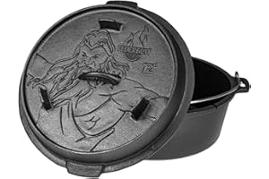 ‎FEUERGOTT Feuergott Dutch Oven 6L ohne Füße – Gusseisen Topf für Brot, Braten, Backofen, Herd, Induktion, Schmortopf für Familienküche, BBQ, Auflauf, große Portionen, Kochen, Grill, Bräter, rustikal, schwarz