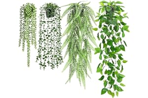BTSD-home Artificial Hanging Plant 4 Pack Fake Plants for Wall Shelf Home Indoor Outdoor Decor With Ivy Vine Faux Eucalyptus, Boston Fern, String of Pearls (Black Pots)