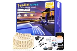 TENDIST Ruban LED Exterieur Blanc Chaud à Blanc Froid Variable, Bande LED Exterieur Compatible Alexa App & Eelecommande 24V, Etanche Bandeau LED Adhésif pour Eclairage Exterieur, Pergola (IP67, 30M)
