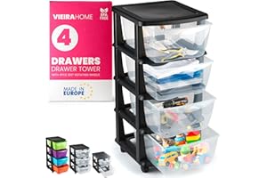 VIEIRA HOME Tour de Rangement Plastique 4 tiroirs | Meuble Rangement à Tiroirs en plastique sur roulettes caissons | Tiroir Rangement bac plastique noir boite - 84x40cm - Fabriqué en Europe