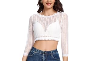 WOWENY Damen Dirndlbluse Spitze Trachtenbluse–Elegante 3/4-Ärmel Bluse in Weiß/Schwarz für Oktoberfest & Traditionelle Feste