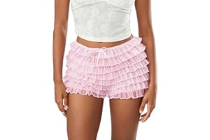 LYSINK Womens Multi-Layer Lace Ruffled Mini Bloomer Shorts Tie Front Elastic Low Waist Frilly Lolita Micro Shorts