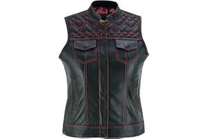 Leatherick Gilet de moto en cuir noir pour femme - Doublure en satin cachemire traditionnel avec surpiqûres cœur