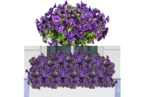 ELECOUTEK Flores Artificiales de Exterior, 6 Paquetes Flores Plástico de Trompeta, Plantas de Floración Simulada con Protección UV, para Interior y Exterior, Decoración del Hogar, Balcón Porche, violeta