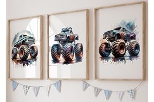 EVIEPOPS PRINTS Monster Trucks Set of 3 Unframed Poster Prints for Boy Girl Nursery Bedroom Playroom, Watercolour Design, Wall Art Cars Decor, Off-Road Competition Cars with Oversized Tires, Blue Green Black (A3)