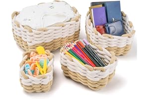 Otoomenz 4PCS Shelf Baskets|Woven Cotton Rope Storage Basket|Toy Basket Storage|Baby Storage Organiser|Bathroom Storage Baskets for Make up Cupboard Drawer Closet Shelf (White and Brown)