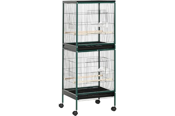 PawHut Grande Cage à Oiseaux sur Pied - volière Double avec mangeoires perchoirs Plateau Amovible - roulettes - 51,5 x 50 x 140 cm Vert Noir