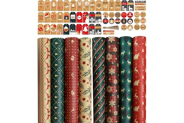 Papel de Regalo Navidad 8 Hojas, Papel Regalo Navidad con 60 Etiqueta, Papel Envolver Regalo Navideño, Wrapping Paper, Papel de Regalo Cumpleaños