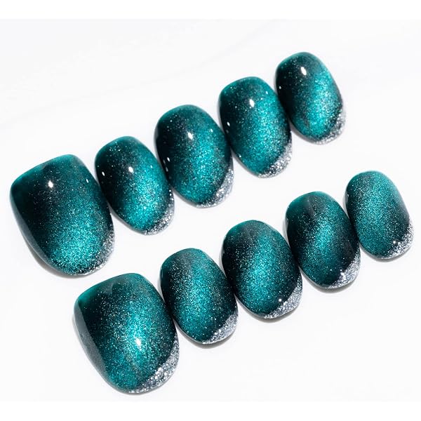 Sun&Beam Nails – Wiederverwendbare Kunstnägel Mandelförmig, Blau-silber Glitzer-Gradient, 24 Stück Inkl. Klebepads