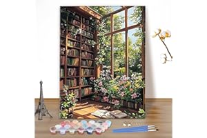 MEIYUDA Dipingere con i Numeri Adulti Paesaggio, Libreria Pittura a Olio Kit Paint by Numbers, fai da te Quadri da Dipingere Numerat, Pittura Adulti Decora la Casa Regalo 40x50cm(Senza Cornice)
