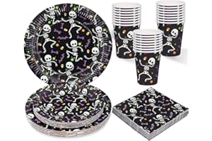 ZVK Vaisselle de Fête d'Halloween Assiettes, Assiettes à dessert, Serviettes, Nappe en papier, Gobelets de fête 96 pièces Squelette Décorations de fête Ensemble de Vaisselle Jetable