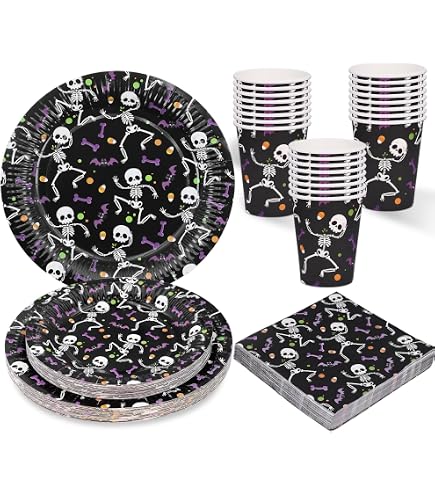 Vaisselle Jetable Halloween - 20 Assiettes + 20 Serviettes Papier Thème Squelette - Déco De Table
