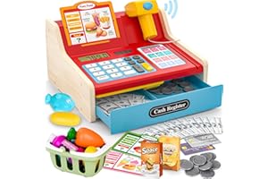 maysida Cash Register for Kids Age 3+, Wooden Toy Till Cash Register with Scanner&Sounds, Pretend Play Till with Toy Money/Coins/Credit Card/Shopping Basket/Pretend Food,Boys/Girls Brithday Gift(Blue)