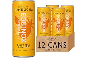 Equinox Kombucha Pineapple & Mango (12 x 250ml) | Brewed in UK with SCOBY, Green Tea & Raw Cane Sugar | Sparkling Live Cultured Probiotic Drink for Gut Health | No Sweeteners & 100% Natural