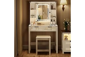 FREDEES Schminktisch mit LED-Beleuchtung, Frisiertisch mit Spiegel Kosmetiktisch mit Ladestation, Klein Weiß Schminktisch mit 2 Rattan Schubladen und verstecktem Schmuckkästchen für das Schlafzimmer