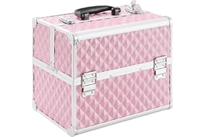 Arebos Kosmetikkoffer | 15L | 5 Fächer | Aluminium | Diamant-Muster | inkl. Schloss & Schlüssel | 2 ausklappbare Etagen | Samteinlage | 32 x 27 x 22 cm | Pink