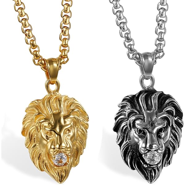 Pendentif Tête De Lion Avec Zirconium - Collier Acier 316L Plaqué Or - Bijou Symbolique Puissant