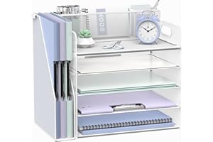 SUPTIDY Schreibtisch-Organizer mit Aktenhalter, 5 Etagen, Schreibtisch-Organizer mit 3 Stifthaltern, Papier-Briefablage für Büro, Zuhause, Organisation und Aufbewahrung, Weiß