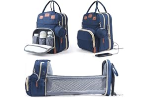 Ferghana Sac à Dos à Langer Grand,Sac a Langer Bebe avec Matelas à Langer et Sac Isolant, Lit Pliable,Moustiquaire et Port de Chargement USB,Imperméable &Multifonction,Sac à Langer de Voyage Portable