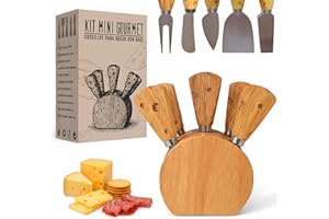 Fumagik Juego de cuchillos de cocina para queso de acero inoxidable – Mini set gourmet de 5 cuchillos con base de madera – Ideal para tabla de quesos y aperitivos – Regalos originales