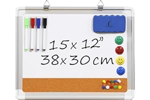 NAVY PENGUIN Kit Lavagna Magnetica – Lavagnetta Bianca Cancellabile con Sughero 38x30cm + 1 Cancellino Magnetico, 4 Pennarelli Cancellabili, 4 Magneti e 10 Puntine - Bacheca Bianca da Parete