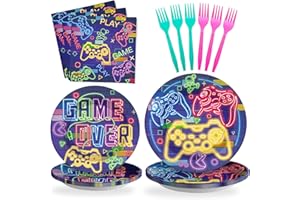 SCIONE 96PCS Game Party Plates Game Over Party Tableware Includes Paper Plates,Napkins,Reusable Forks for Boys Kids Game Lovers Game Themed,Birthday Party,Serves 24