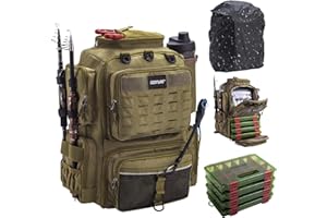 Goture 45 L Sac de pêche Dos Souple et résistant à l'eau, Livré avec Deux Porte-Cannes et Une Housse de Pluie avec Quatre boîtes à appâts et 8 Poches à appâts Cadeaux de pêche pour Hommes