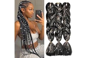 PORSMEER 3 sztuki sztucznych włosów Jumbo Braid 61 cm, 100 g, kanekalon, przedłużenie włosów do warkoczy Crochet Twist (czarne, mieszane, złote, błyszczące włosy z lametta)