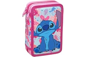 CLONDO Piórnik Dziewczęcy 3 Komory, Dla Stitch Fanów – Zawiera 44 Elementy Kredki, Mazaki, Nożyczki – Szkoła Podstawowa, Roze