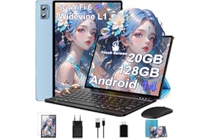 DEERTIME Tablette 10 Pouces Android 14 Tablettes avec 20Go RAM+128Go ROM(TF Extensible 2To), WiFi 6, 5G+2.4G WiFi, Octa-Core, Widevine L1, Bluetooth5.0, GMS Tablette Tactile avec Clavier+Souris et Cas-Bleu
