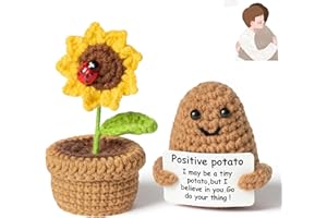 Bambebe Mini zabawna pozytywna doniczka na kwiaty ziemniaków, ręcznie robiona dekoracja na biurko, 7,6 cm dzianinowe ziemniaki z inspirującą kartką, 10 cm lalka z wełny słonecznikowej, prezent