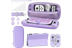 FANPL Custodia per Nintendo Switch OLED, custodia per Switch OLED e controller Joy Con con custodia protettiva rigida e protezione schermo, 4 impugnature per pollice, tracolla (viola)