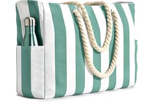 oscaurt Large Beach Bag with Zipper Striped Tote Bag for Women Waterproof Shoulder Bag for Travel Pool Gym Shopping Holiday Essentials Lightweight Foldable Carryall