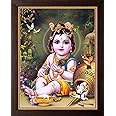 Art n Store: Bal Krishna Playing with Mor Pankha and Enjoying/High Contrast HD Printed Picture/Religious & Decor Poster Painting with Frame (30 X 23.5 X 1.5 CM_ Brown Wood)