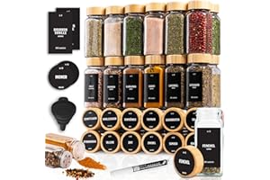 Deco Haus Juego 36 Tarros Especias con Tapa Rosca - Etiquetas, Embudo, Cepillo, Marcador - Va con Nuestros Estantes para Condimentos - Almacenamiento y Dispensador Vidrio Transparente 120ml 10.5x4.3cm
