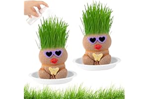 PENCHUAN 2 Stück Graskopf Kinder Graskopf Puppenpflanze, Graskopf Wachsende Grasköpfe Pflanze für Kinder, Mini Bonsai Gras Kopf Figurm Blumenkopf Graskopf Bonsai Mit Tablett Topfpflanzen für Schlafzimme