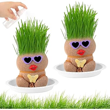 2 Poupées à Tête D'herbe Avec Plateau - Mini Bonsaï Anti-moustique - Plante éducative Pour Enfants - Décoration Chambre