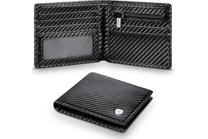 WONSEFOO Wallets Mens RFID Blocking Carbon Fibre Leather Mens Wallets, Bifold Mens Wallet with Zipper Coin Pocket, 7 Credit Card Holders, ID Windows, 2 Banknote Compartments, Gift Box- Black