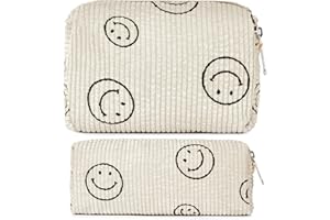 Aucuu 2pcs Bolsa de Cosméticos de Viaje de Gran Capacidad, Bolsa de Maquillaje de Pana con Cara Sonriente, Bolsa de Lavado Viaje Multifuncional con Cremallera, para Viajes, Baño (Blanquecino)